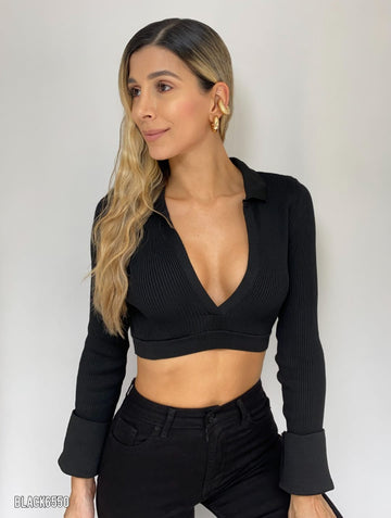 Blusa manga larga rib escote en v