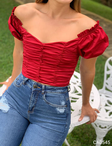 Blusa Manga Corta Zurcida Botones