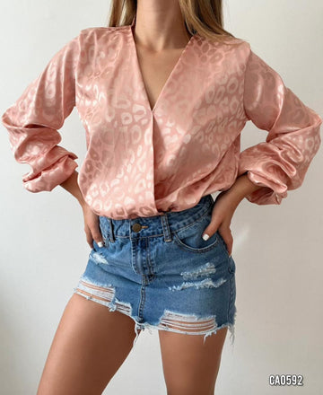 Body Manga Larga Satin Manchas Cruzado