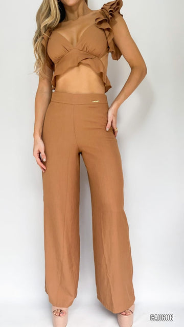 Conjunto Pantalon Crop Manga Bombacha
