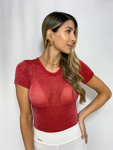 Body Manga Corta Cuello Redondo Brillos