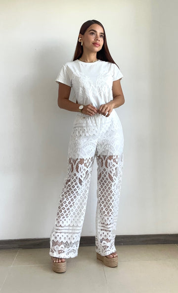 Camisa Manga Corta Con Aplique Encaje