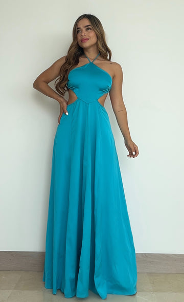 Vestido Satin Escote Tira Amarrar Cuello