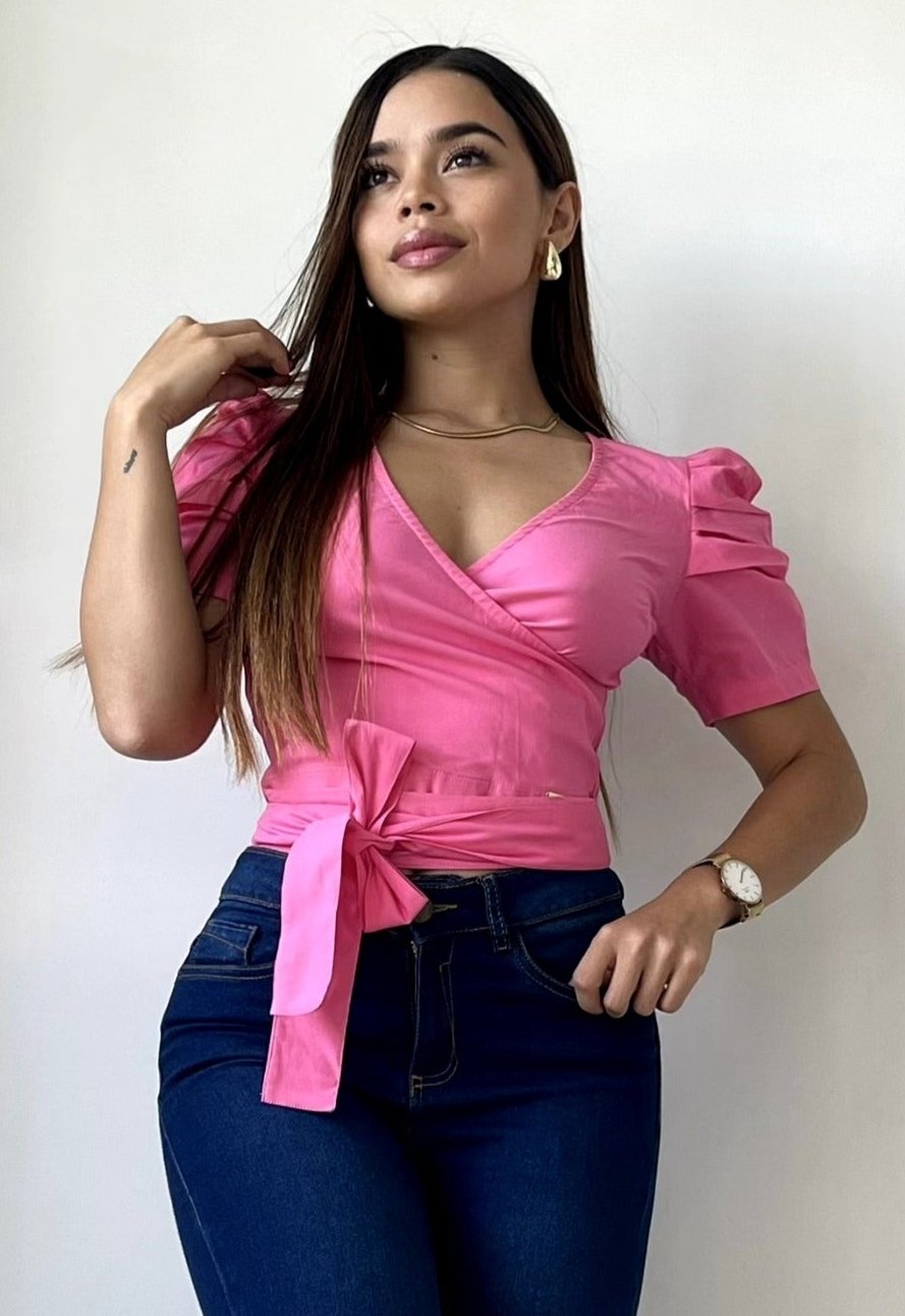 Blusa cuello v amarrar cintura manga corta