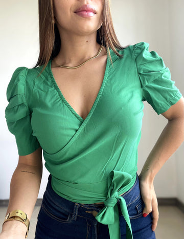Blusa cuello v amarrar cintura manga corta