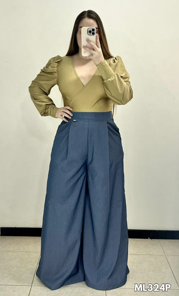 Pantalon Prense Bota Ancha Con Bolsillo