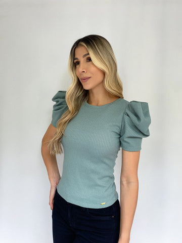 Blusa Rib Manga Corta Globo
