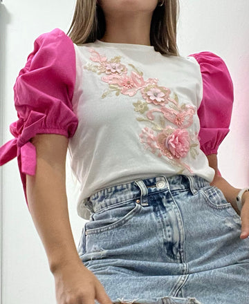Blusa Aplique Flor Manga Zurcida Popelin