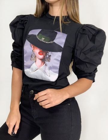 Blusa Manga Bombacha Aplique Sombrero