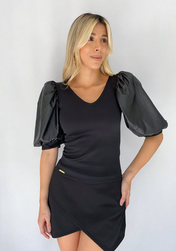 Blusa Manga Globo Cuerina Cuello V