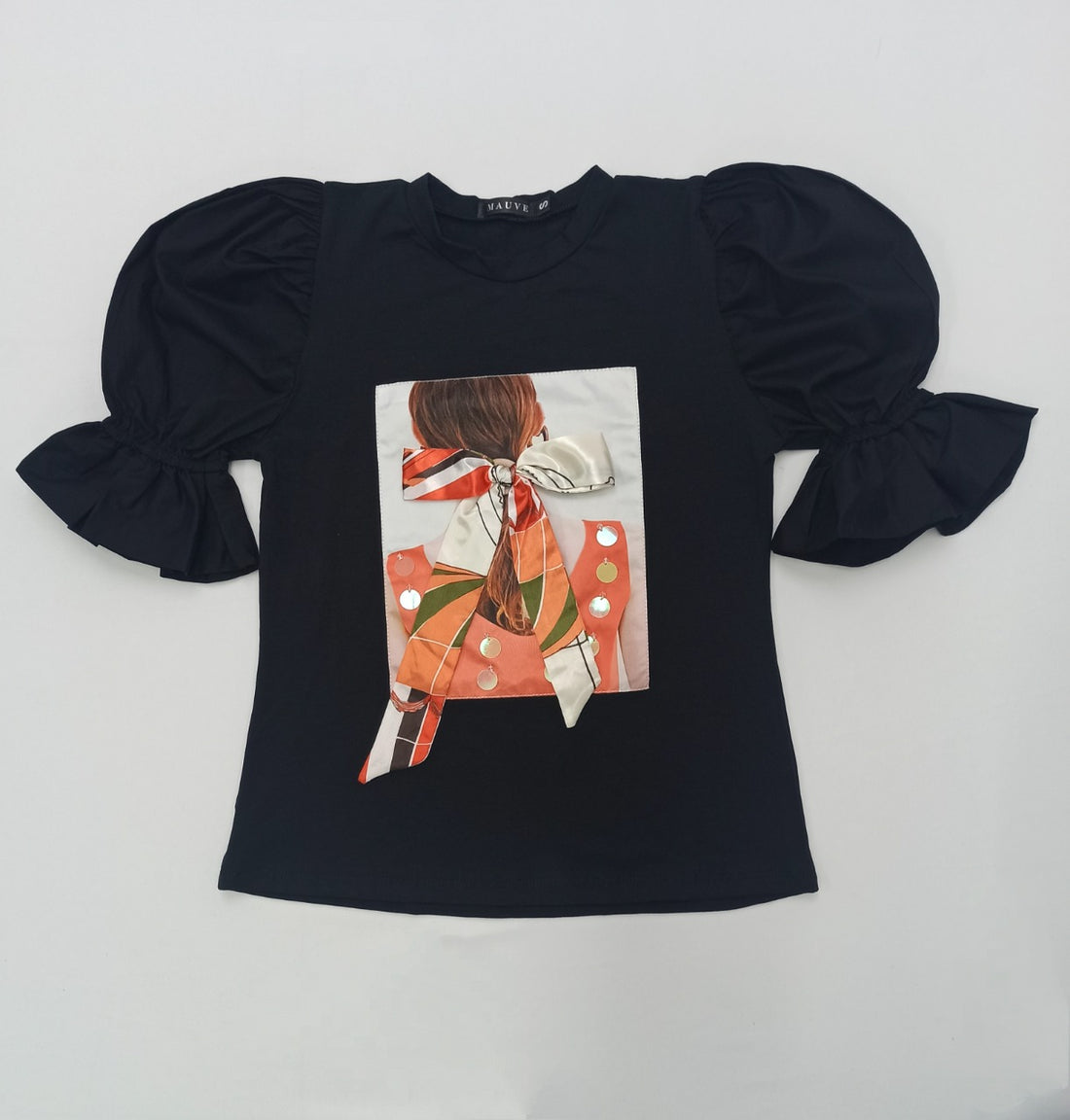 Blusa Negra Manga Bombacha Aplique Moño Estampado Naranja