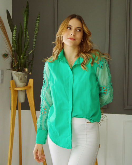 Camisera Popelina Manga Larga Encaje