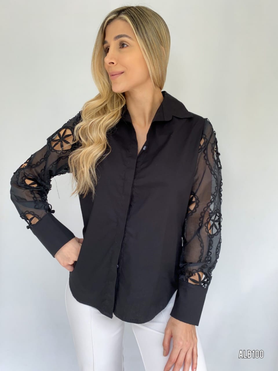 Camisera Popelina Manga Larga Encaje