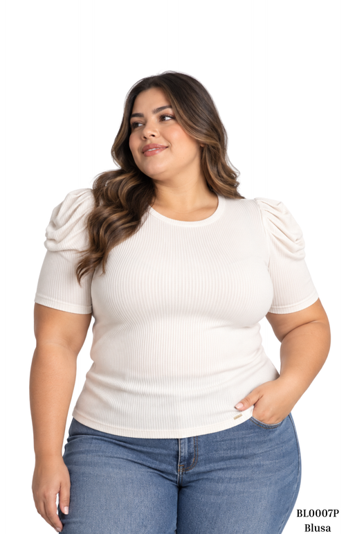 Blusa Rib Manga Corta Globo