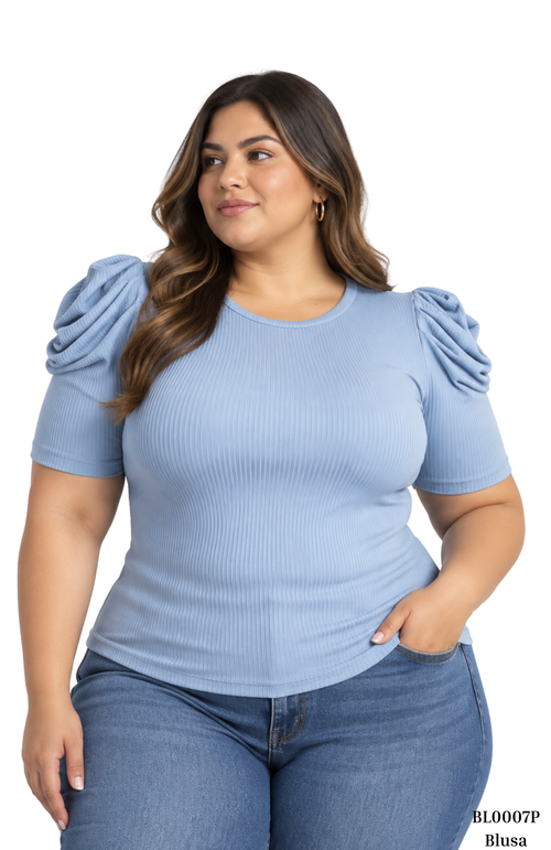 Blusa Rib Manga Corta Globo