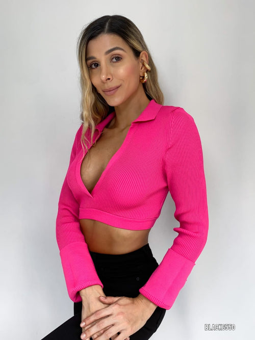 Blusa manga larga rib escote en v