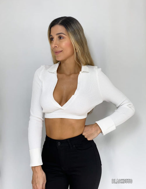 Blusa manga larga rib escote en v