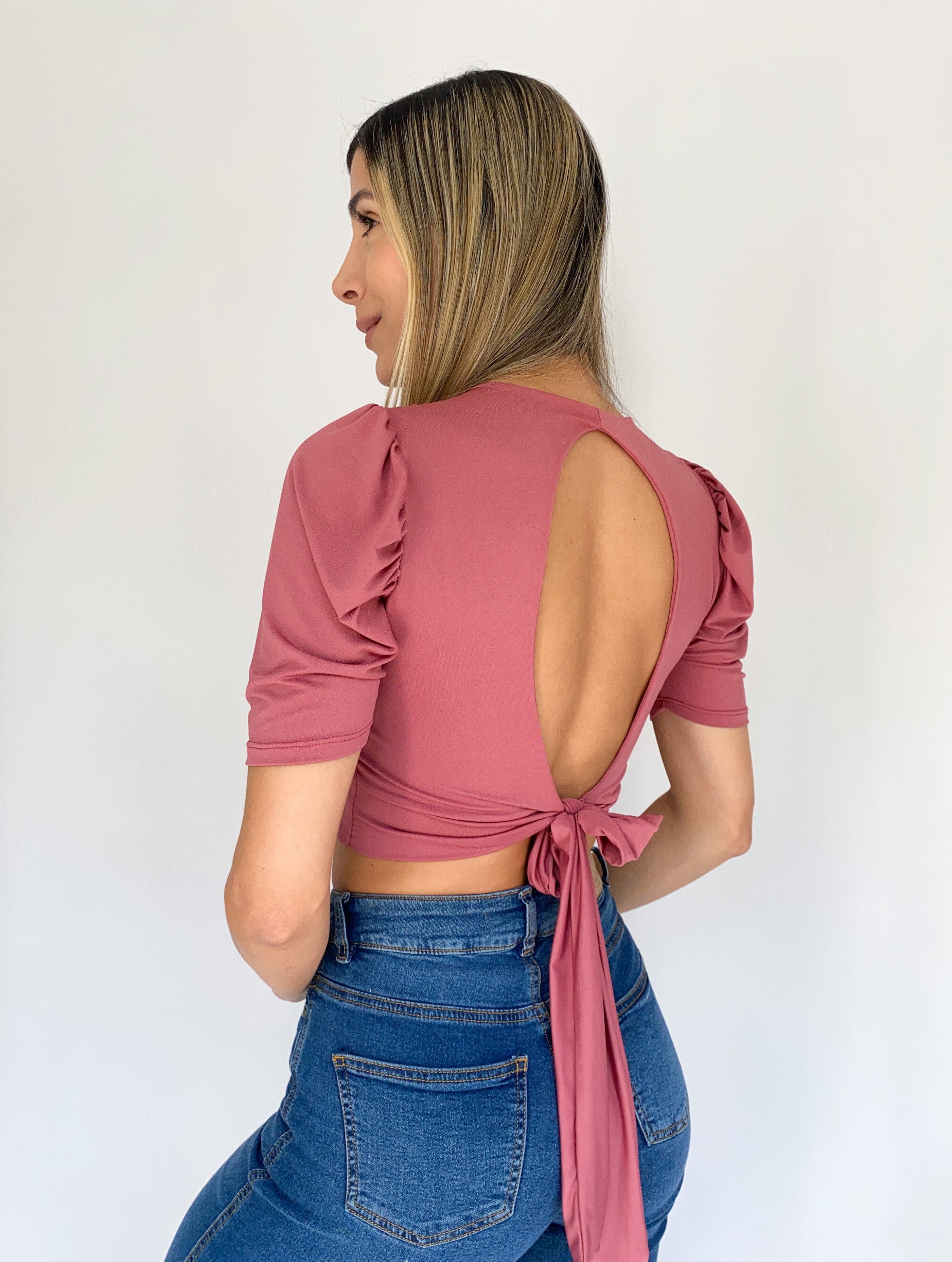 Blusa Manga Corta Escote Espalda Amarra