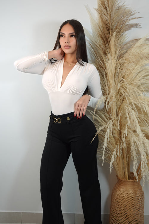 Body Manga Larga Escote V Unicolor