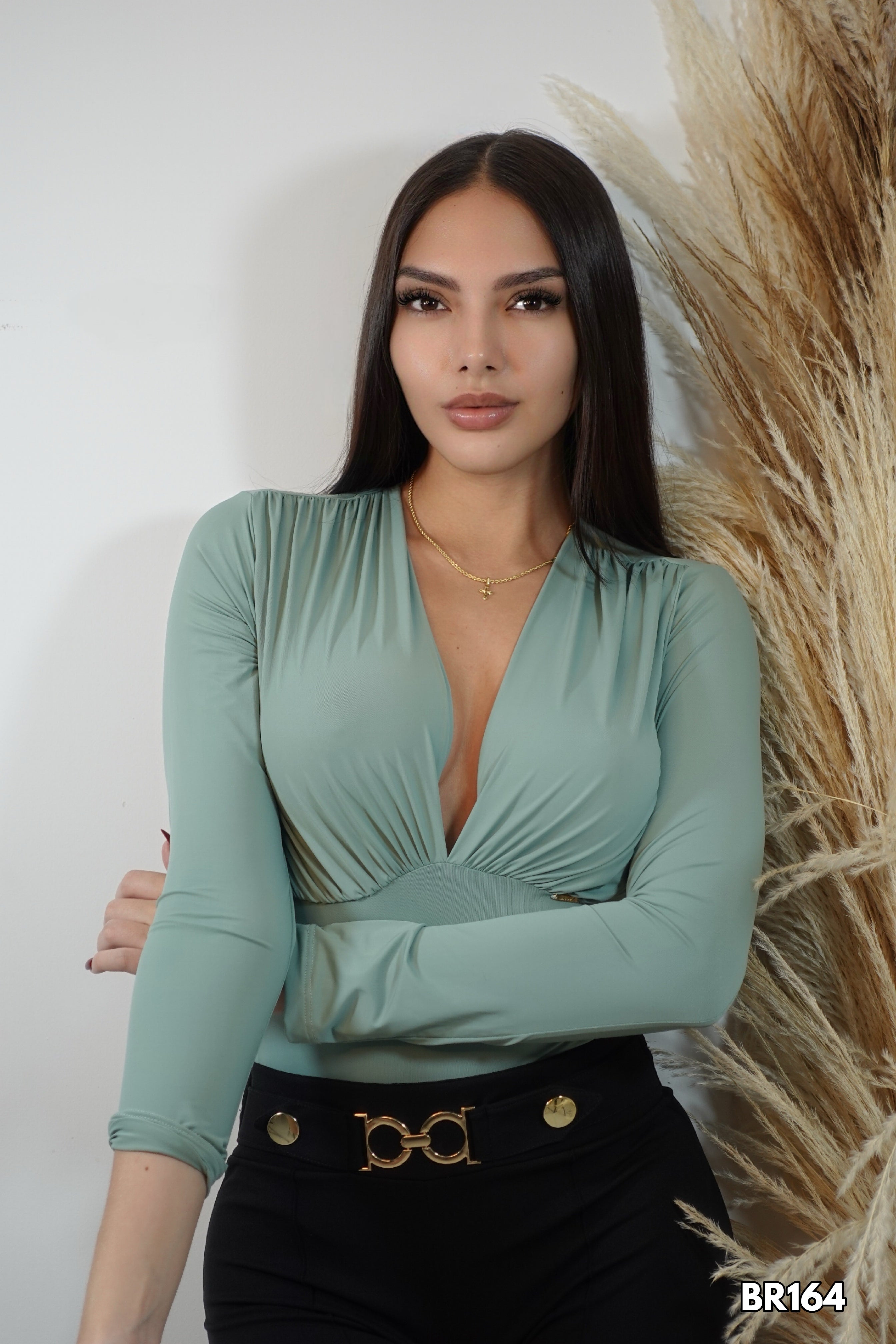 Body Manga Larga Escote V Unicolor