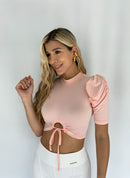 Blusa Manga Bombacha Cuello Alto Zurcido