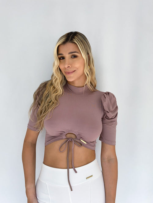 Blusa Manga Bombacha Cuello Alto Zurcido