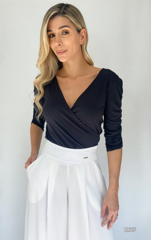 Blusa Manga 3/4 Resorte Cuello V Cruzado
