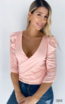 Blusa Manga 3/4 Resorte Cuello V Cruzado