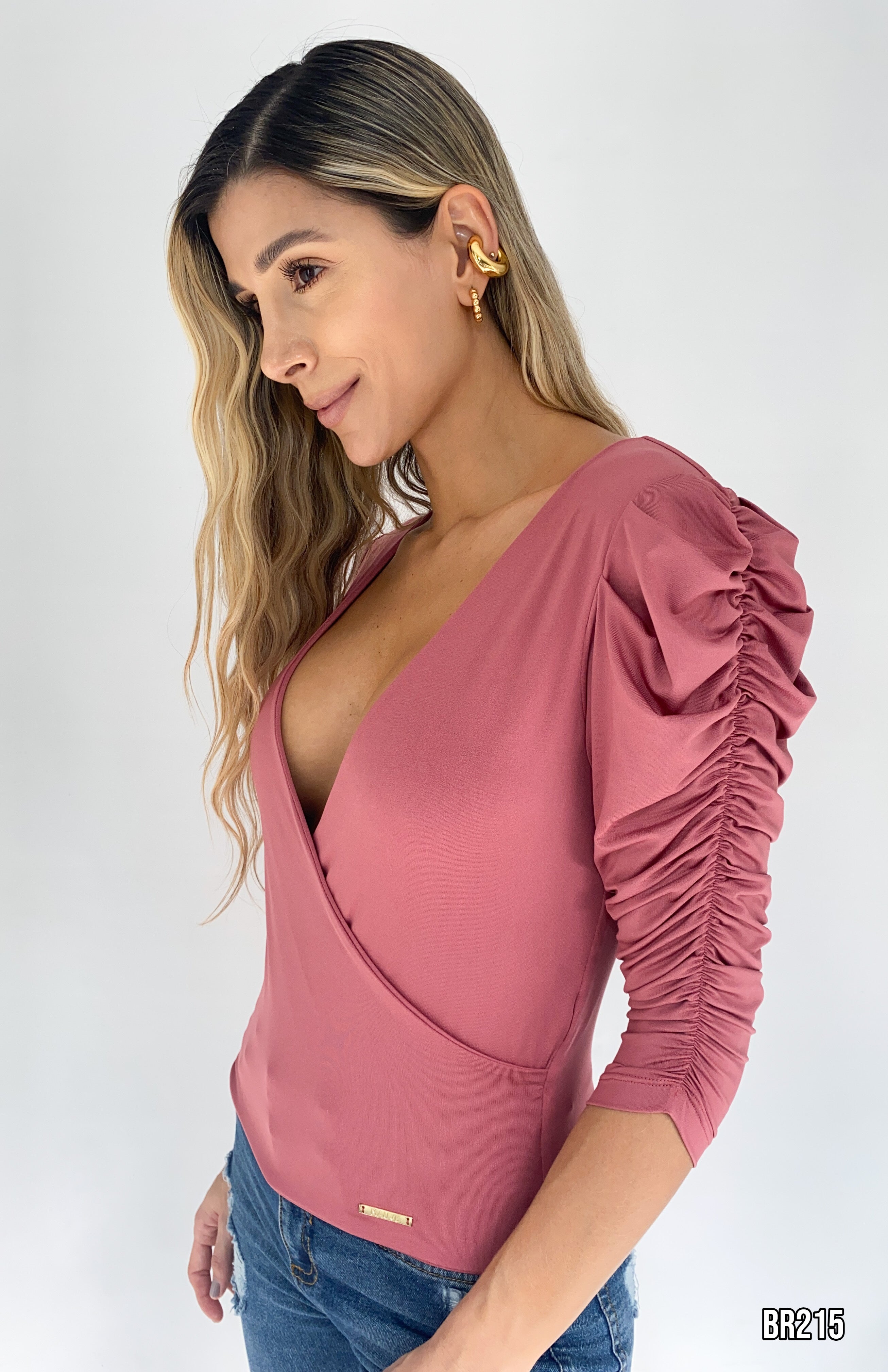 Blusa Manga 3/4 Resorte Cuello V Cruzado