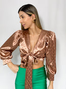 Blusa Satin Manga Larga Amarrar Adelante