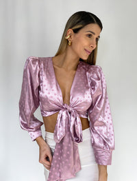 Blusa Satin Manga Larga Amarrar Adelante
