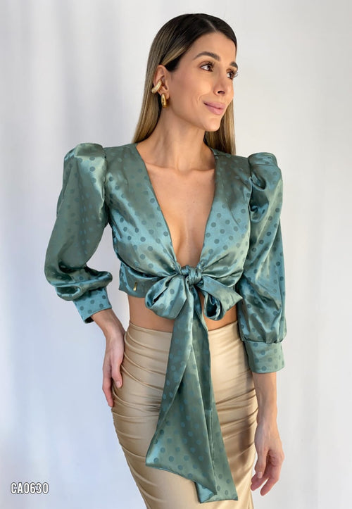 Blusa Satin Manga Larga Amarrar Adelante
