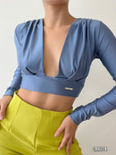 Blusa Corta Manga Larga Escote En V