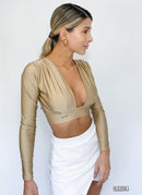 Blusa Corta Manga Larga Escote En V