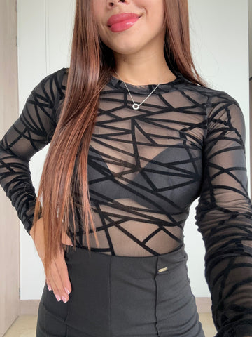 Body Manga Larga Cuello Alto Grabado