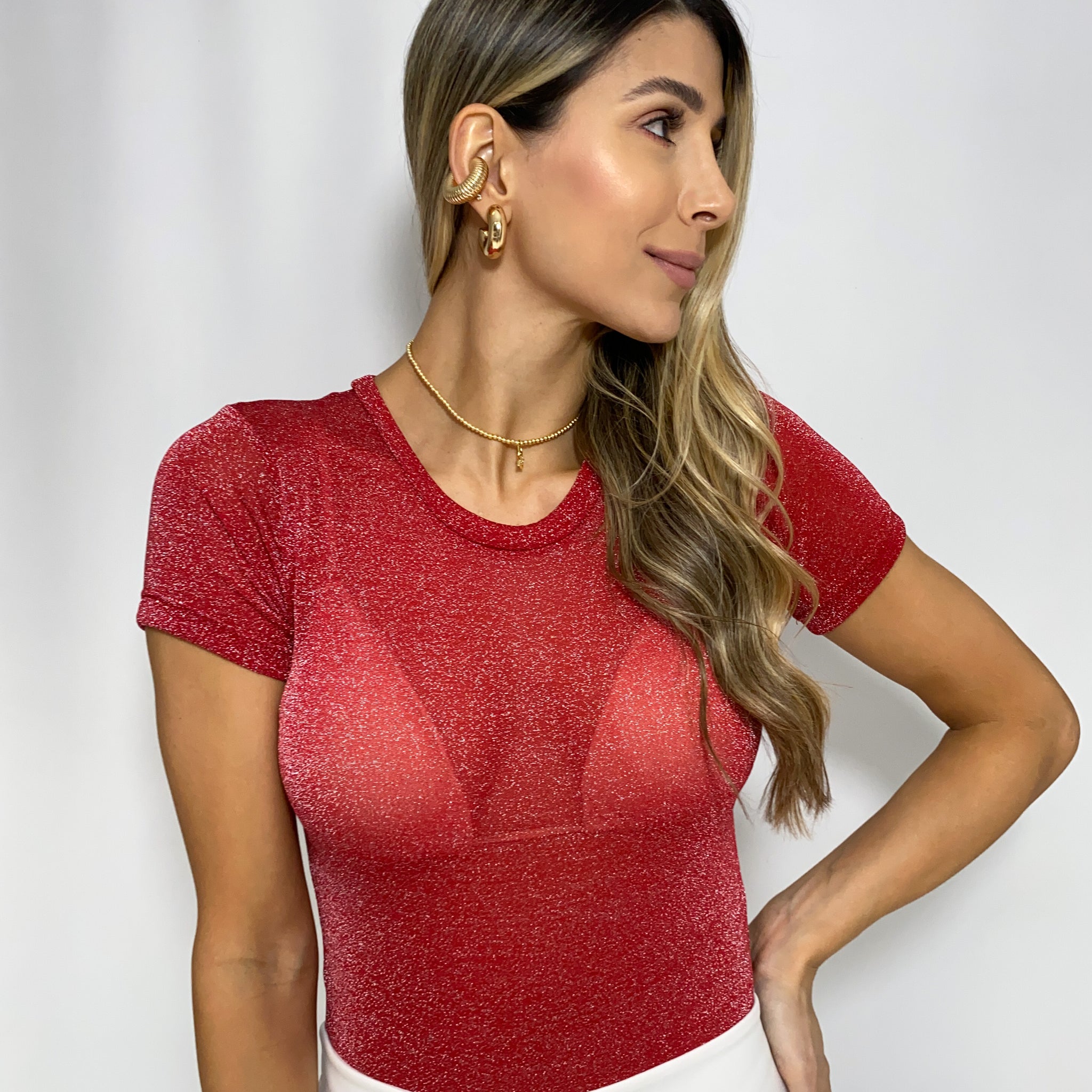 Body Manga Corta Cuello Redondo Brillos