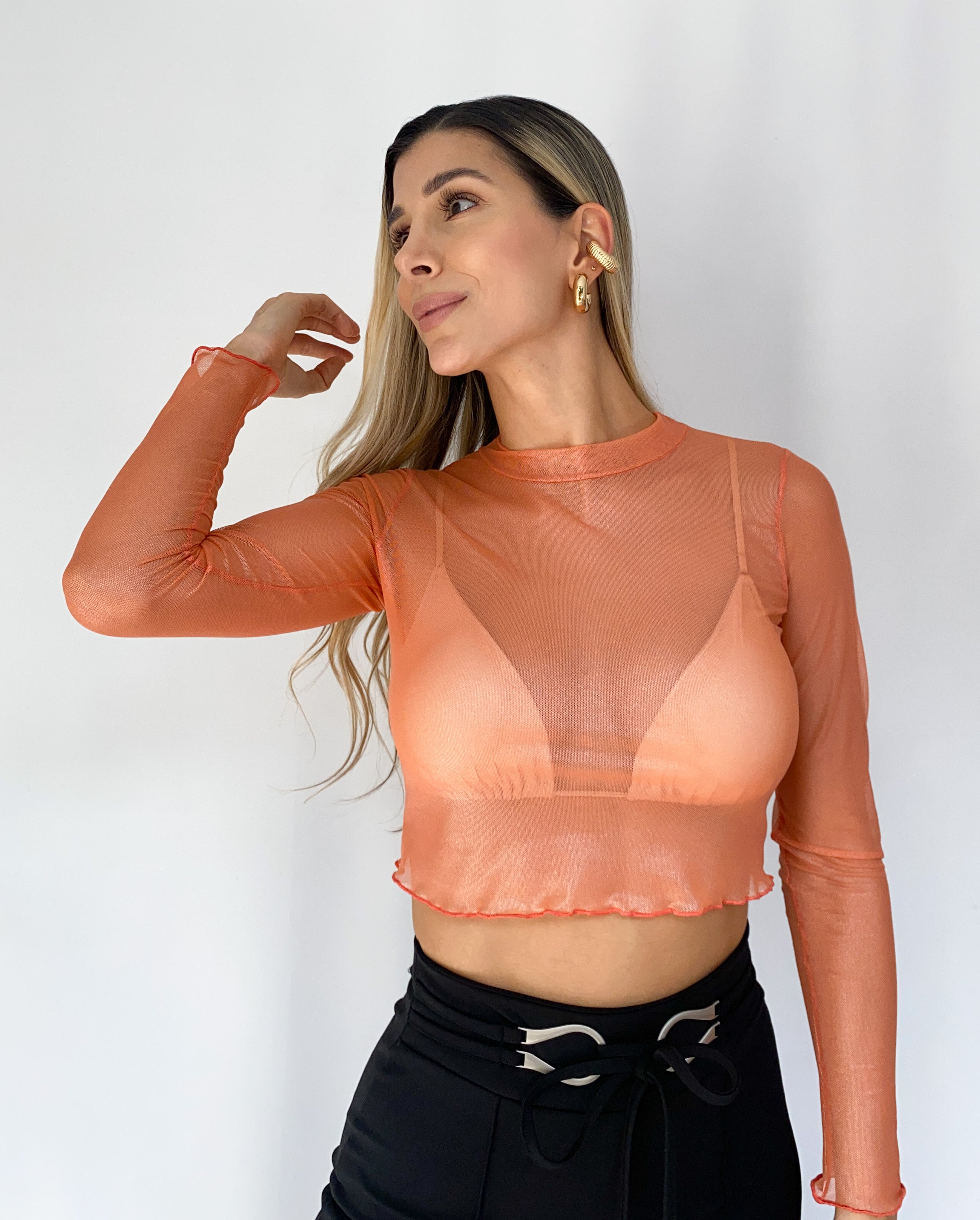 Blusa Manga Larga Cuello Alto Brillo