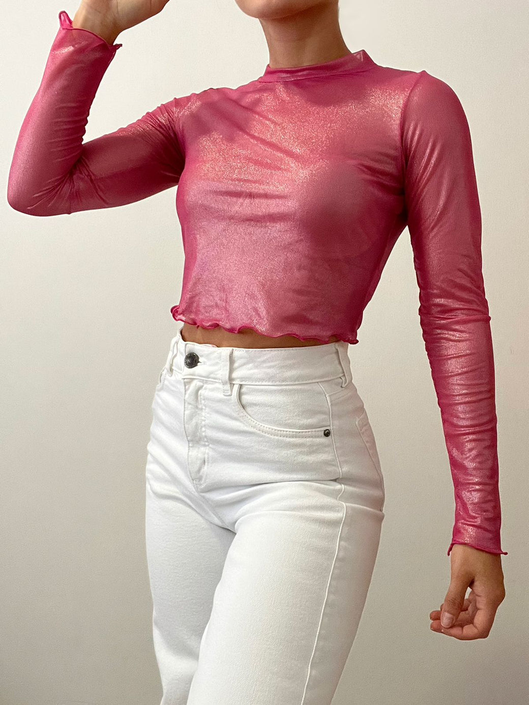 Blusa Manga Larga Cuello Alto Brillo