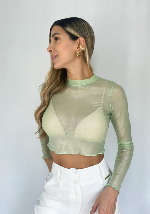 Blusa Manga Larga Cuello Alto Brillo