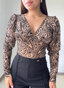 Body Manga Larga Cuello V Estampado