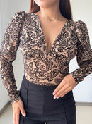 Body Manga Larga Cuello V Estampado