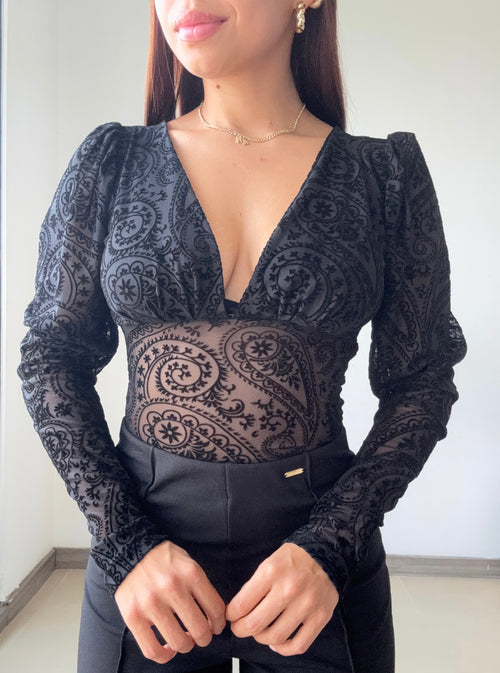 Body Manga Larga Cuello V Estampado