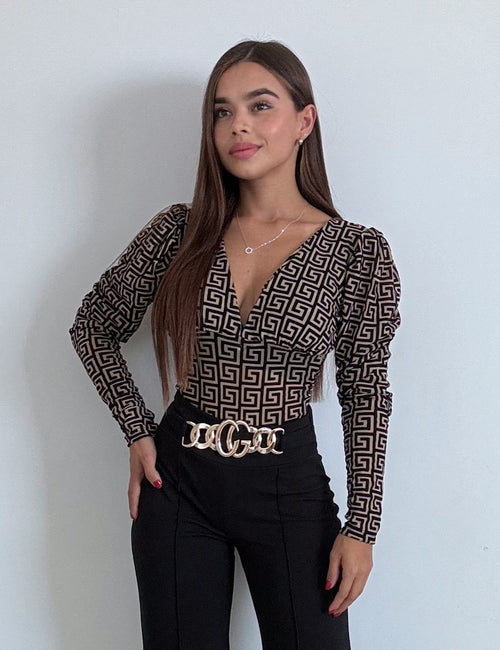 Body Manga Larga Cuello V Estampado