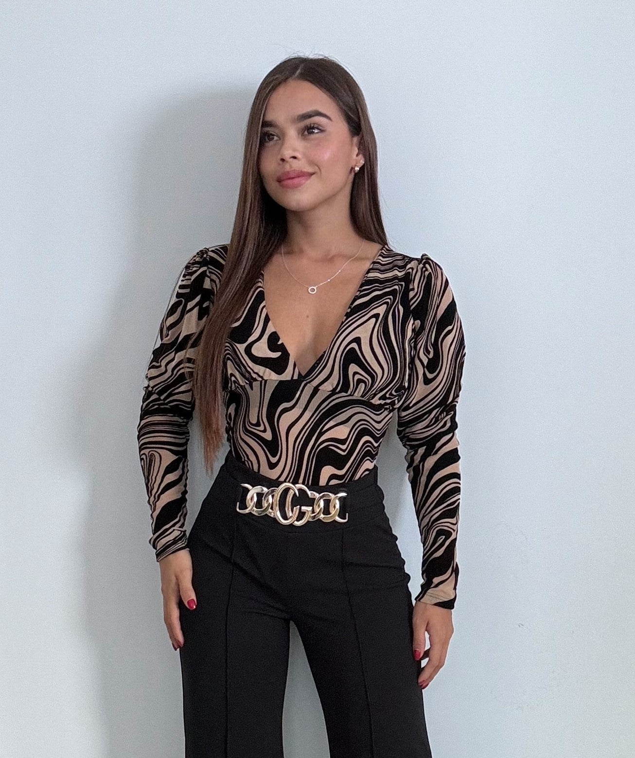 Body Manga Larga Cuello V Estampado