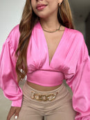 Blusa Cuello V Manga Larga Amarrar Atras