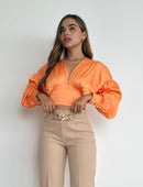 Blusa Cuello V Manga Larga Amarrar Atras