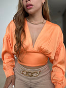 Blusa Cuello V Manga Larga Amarrar Atras