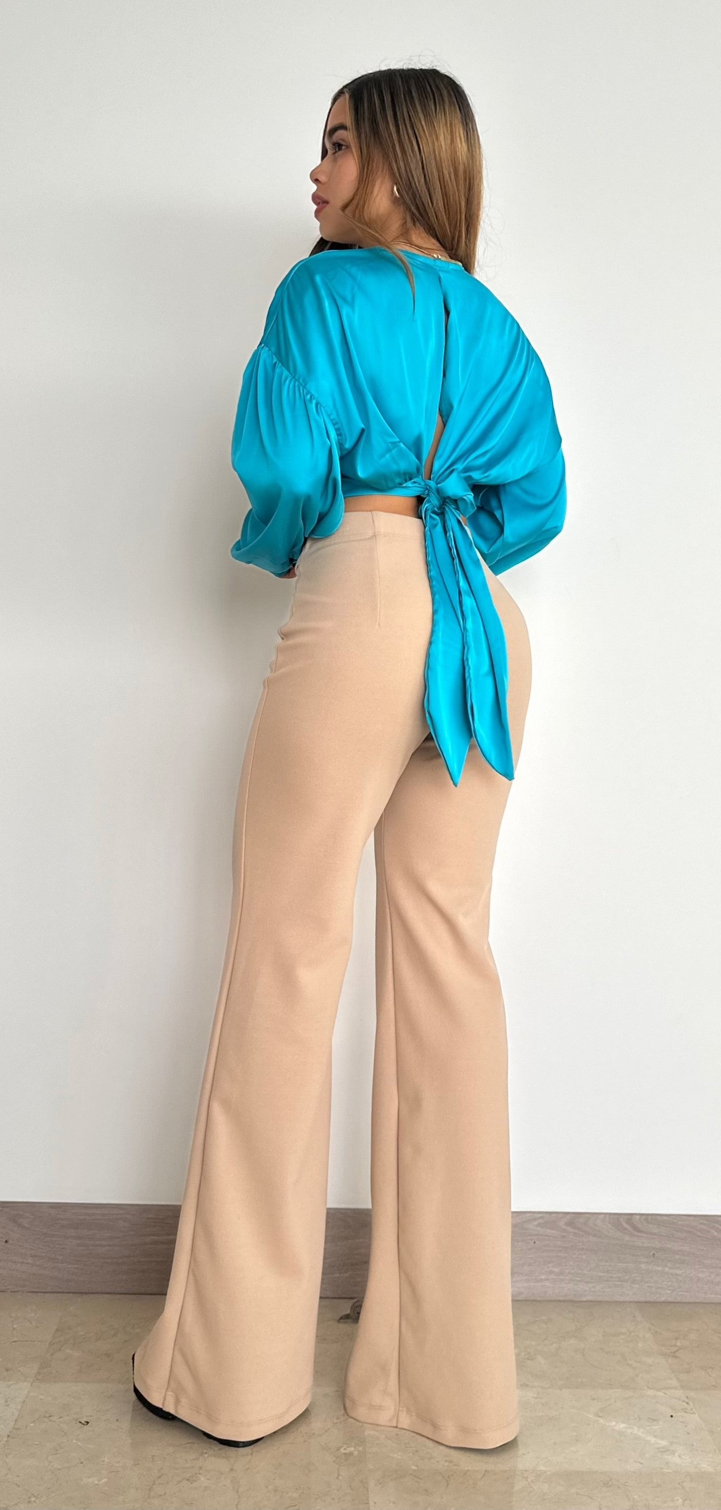 Blusa Cuello V Manga Larga Amarrar Atras