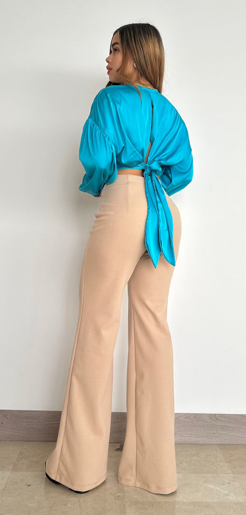 Blusa Cuello V Manga Larga Amarrar Atras