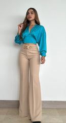 Blusa Cuello V Manga Larga Amarrar Atras